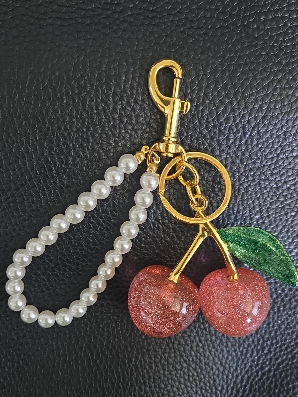 Gold Pearl Cherry Keychain Bag Charm - Pink Cherries
